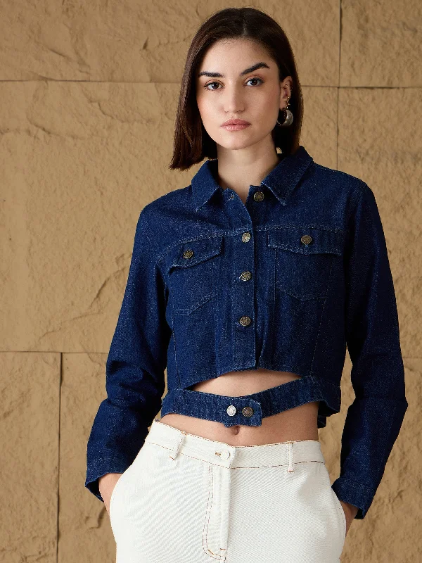 Women Blue Denim Belted Jacket Herringbone Jacket Checkered Jacket Solid Jacket