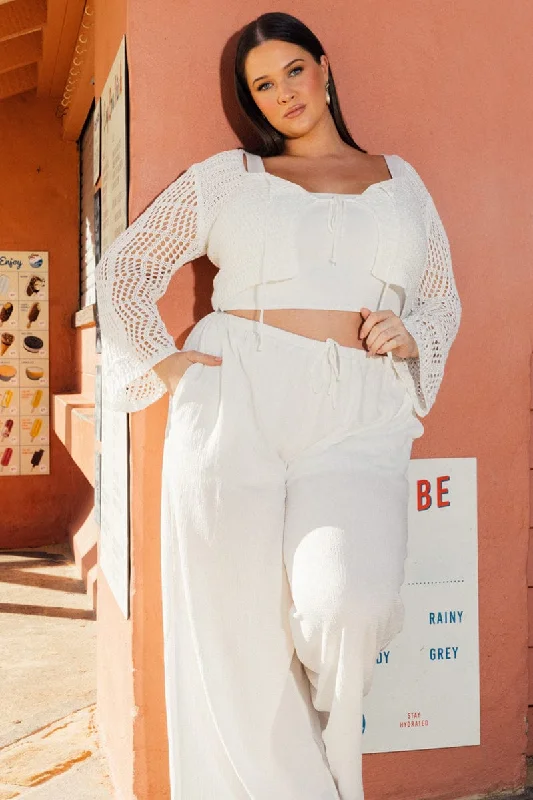 White Crochet Cardigan Long Sleeve Squared Neck Open Front Closed Front Wrap Front