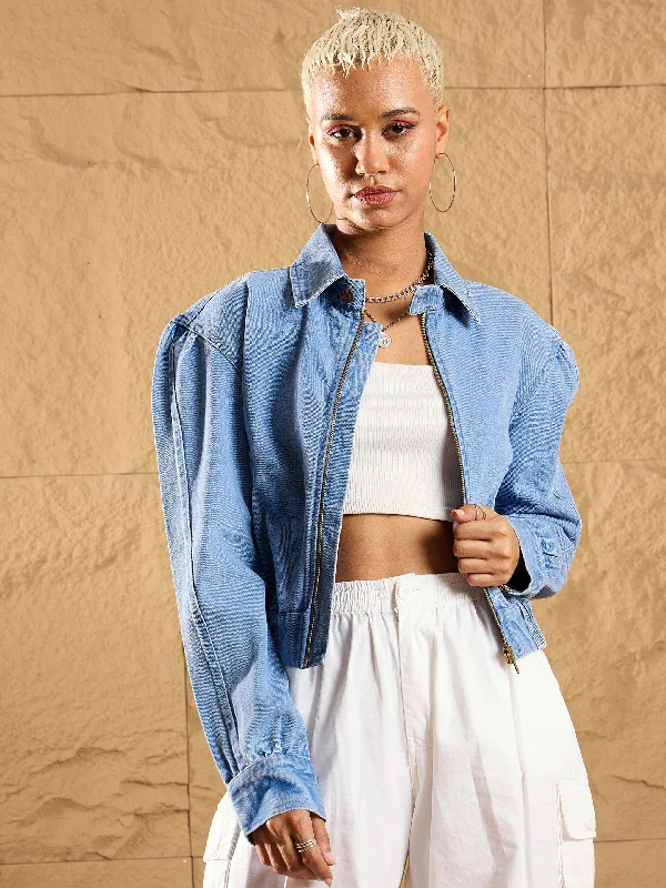 Women Blue Washed Zipper Biker Crop Jacket Denim Jacket Leather Jacket Suede Jacket