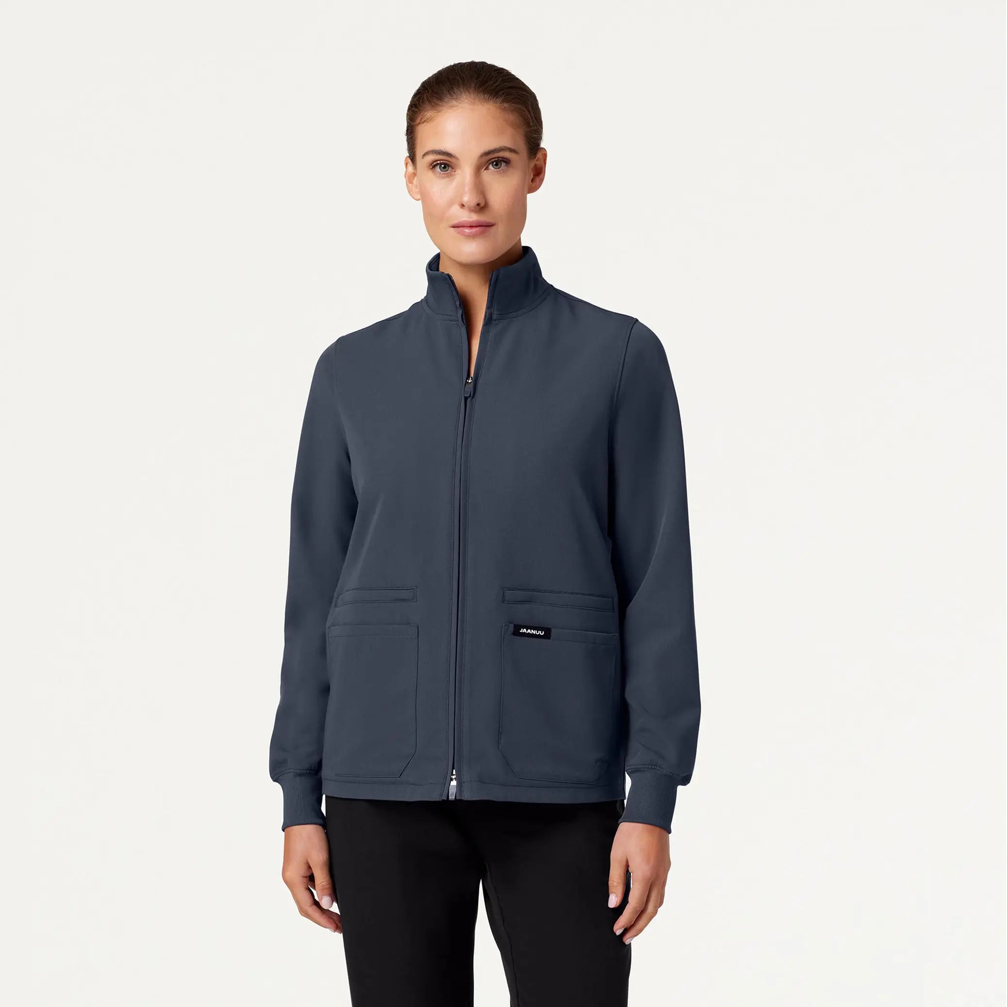 Jaanuu Women's Ceri Essential 6-Pocket Scrub Jacket - Carbon Gray One-Shoulder Jacket Off-the-Shoulder Jacket Asymmetrical Jacket