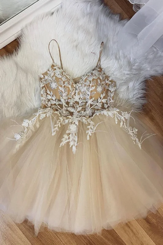 Champagne Spaghetti Lace Short Prom Dresses, A-Line Party Dresses Tunics Vintage classic