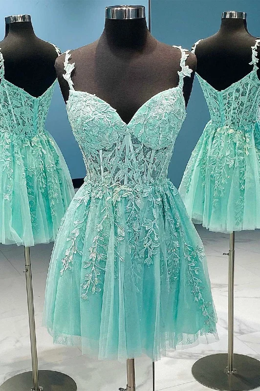 A-Line Tulle Lace Short Prom Dress, Cute Spaghetti Strap Party Dress Tunics Essential wardrobe