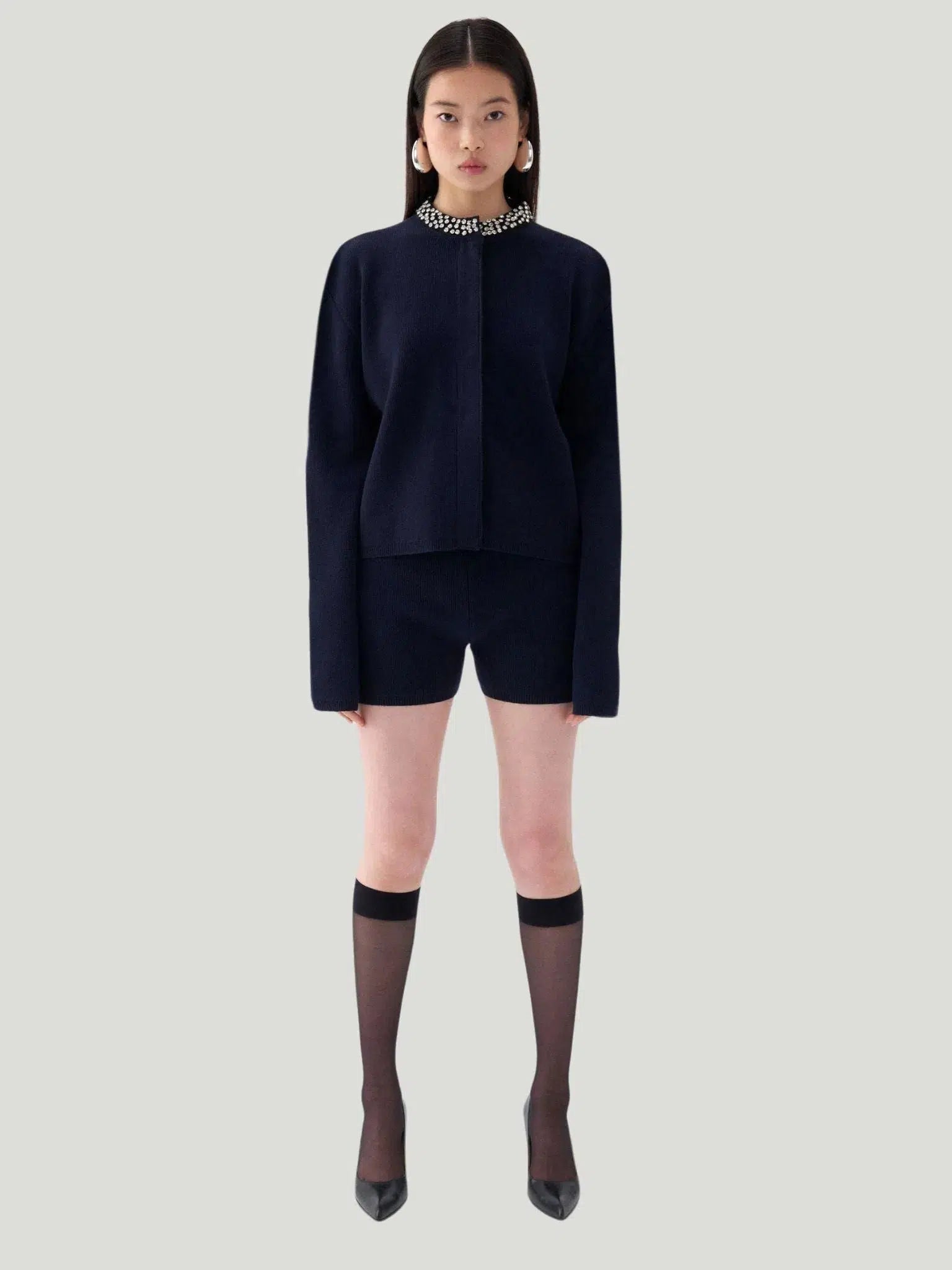 Nocturne Shiny Stone Collar Knit Cardigan Houndstooth Herringbone Solid