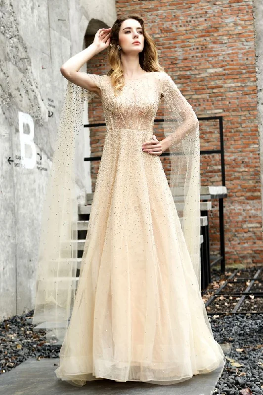 Charming Tulle Floor Length Evening Party Dress Sparkly Beads Prom Dress with Back Cape Tunics Luxurious high-end