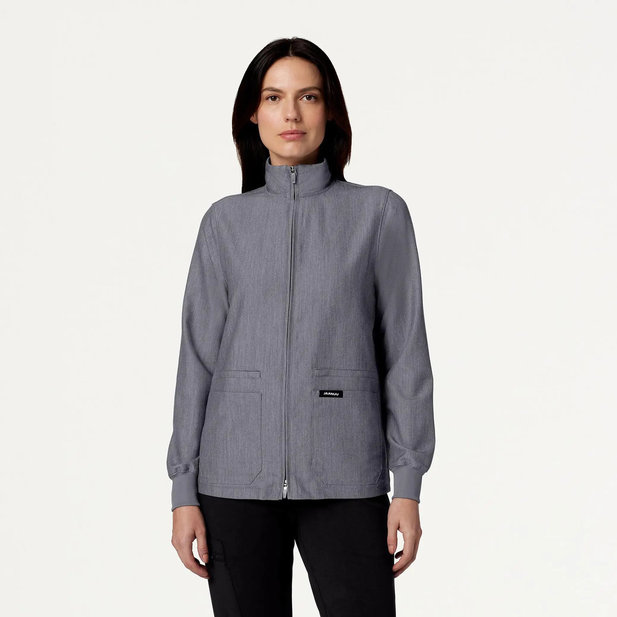 Jaanuu Women's Ceri Essential 6-Pocket Scrub Jacket - Heather Gray Front Pockets Side Pockets Patch Pockets