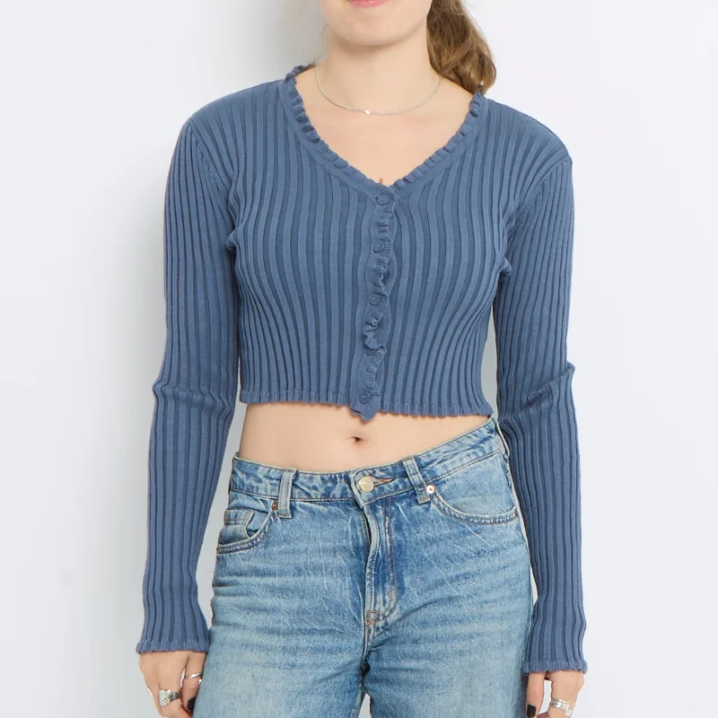 Ruffle Ribbed Cropped Cardigan - UK 6 Seamless Knitted Crochet