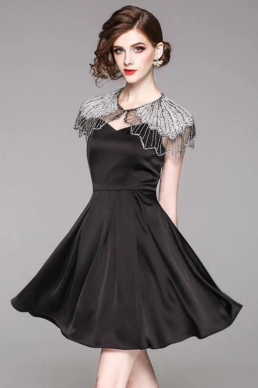 Black Party Dress W/ Beaded Cape Peplum Ruffle Cocktail
