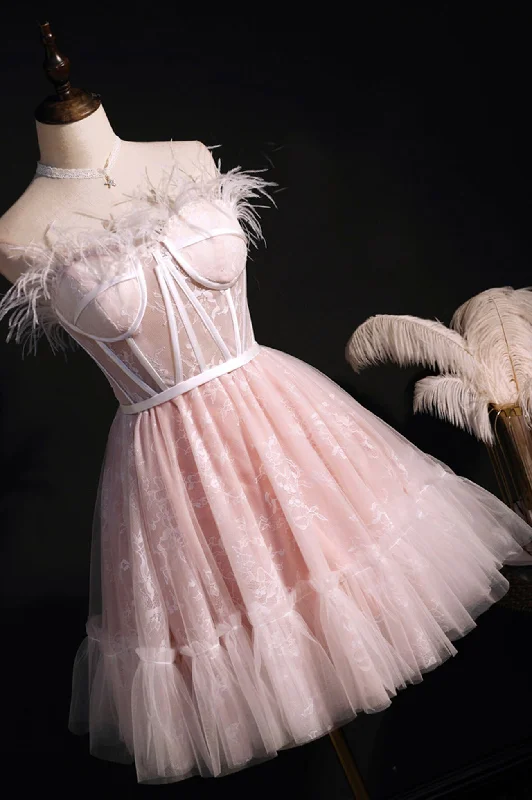 Pink Strapless Lace Short Prom Dress, A-Line Party Dress with Feather Tunics Leisure comfortable