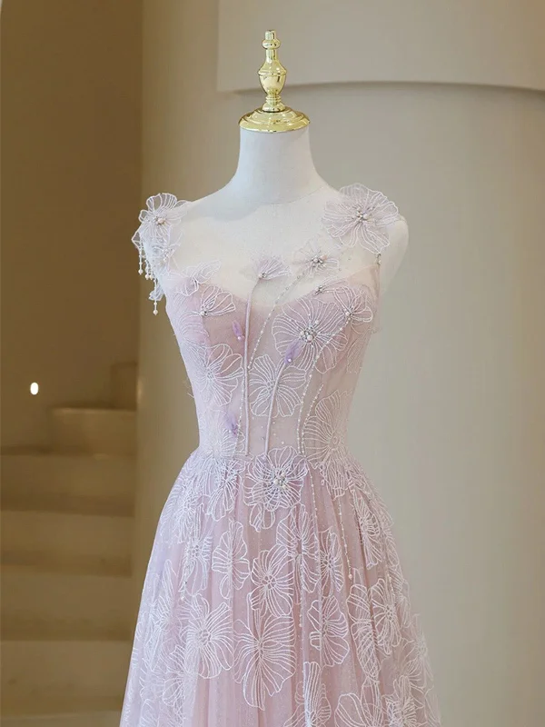 Light Pink Round Neckline Lace Long Prom Dress, A-line Pink Floor Length Party Dress Tunics Gym athletic