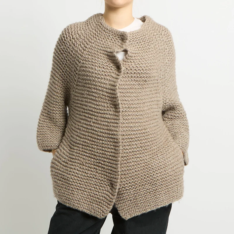 Chunky Knit Long Cardigan - UK 16 Boat Neck Shawl Collar Notched Collar