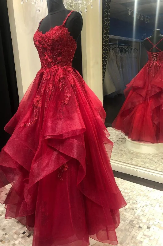 Burgundy Lace Tulle Layers Long Prom Dress, A-Line Evening Party Dress empire Waist empire