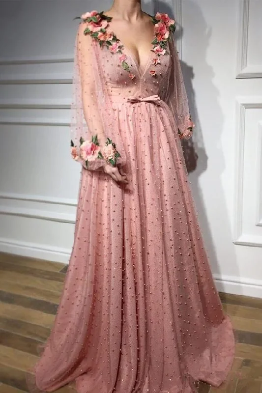 Beautiful Pink V-neck Long Sleeves Beading Princess Prom Dress Party Dress High-Low Hemline Casual