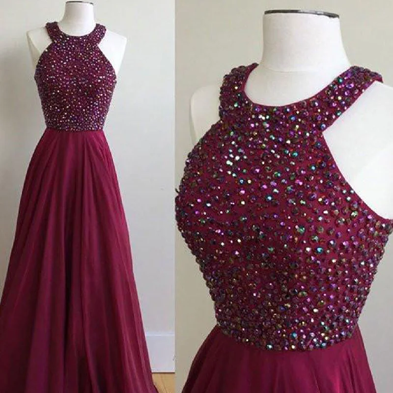 Simple Halter Burgundy Evening Prom Dresses, Custom Long Prom Dresses, Wedding Party Dresses,Long Bridesmaid Dress, PD0084 Tunics Sophisticated sleek