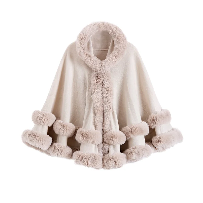 Oversized Knitted Cape Outer Shawl Artificial Fur Collar Hooded Warm Jacket Wool Fabric Cashmere Fabric Tweed Fabric