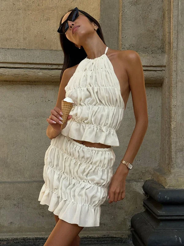 Ladies New Fashion Sexy Sleeveless Halter Neck Pleated Backless Solid Color Short Skirt Suit wool skirt breathable