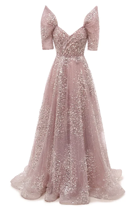 Blushing Pink Lace Crystal Sequin Long Prom Dresses Luxury Evening Gowns Vintage Party Dresses Tunics Evening elegant