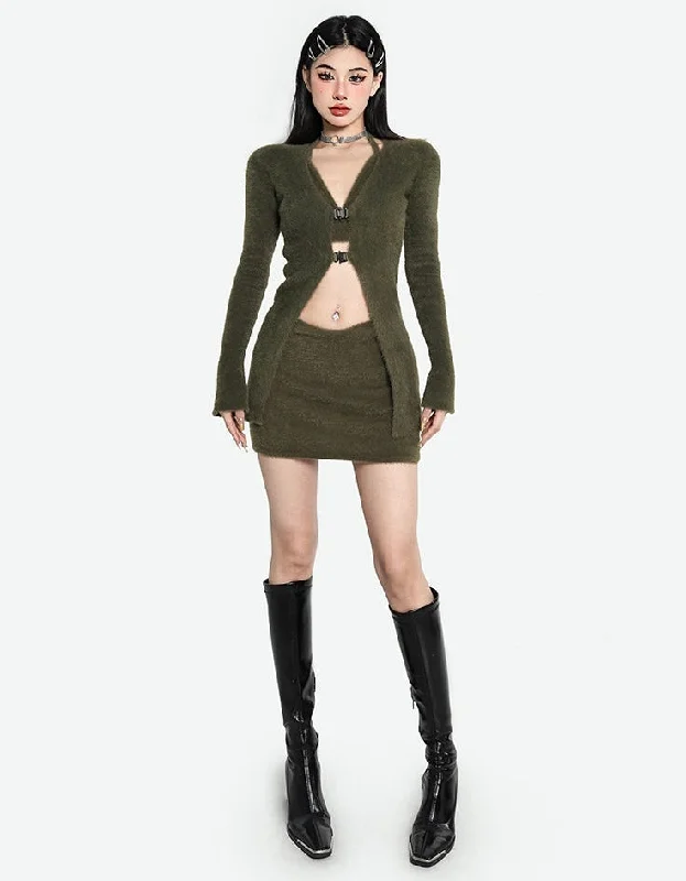 Alisson Solid Color Dark Green Three Piece Top Cardigan Mini Skirt Matching Set Fitted Slim Tailored