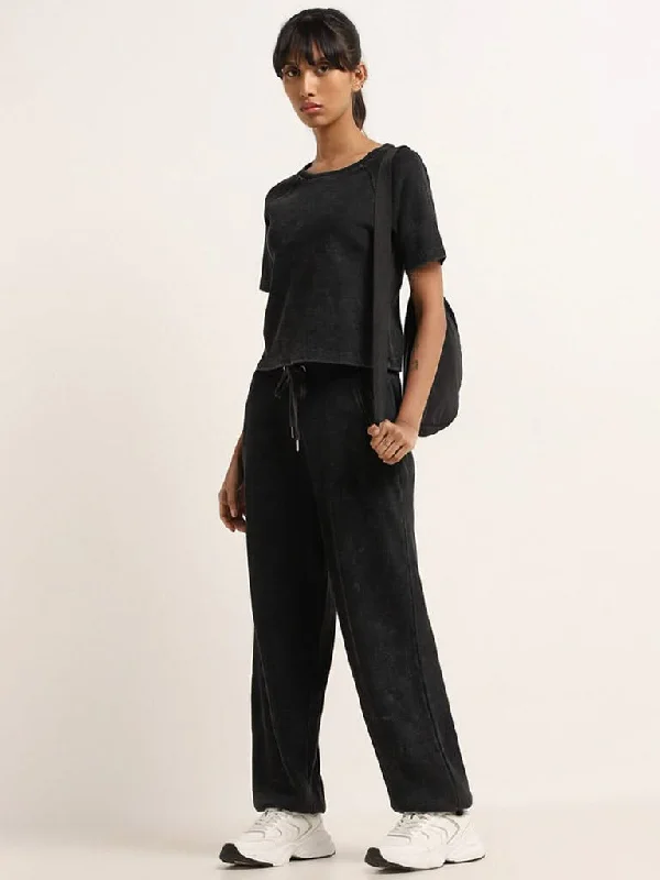 Studiofit Black Waffle Textured High-Rise Cotton Track Pants Comfy Cargo Trousers