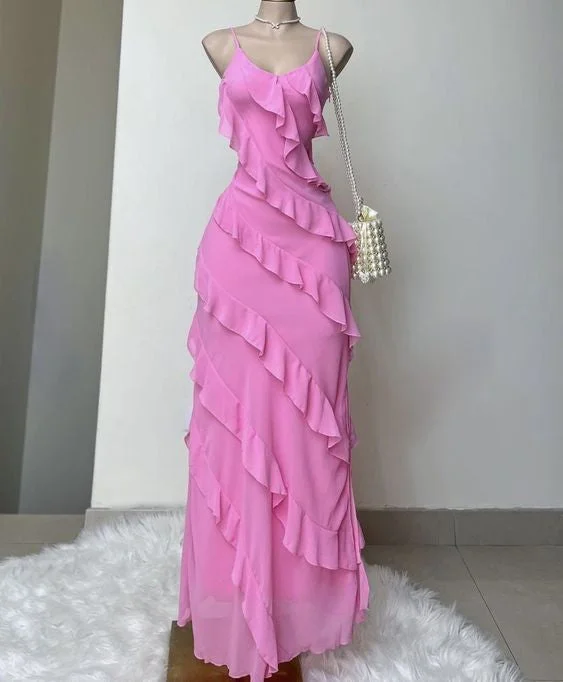 Elegant Straps Sheath Chiffon Formal Prom Dress Pink Ruffles Long Party Dress Tunics Stylish modern