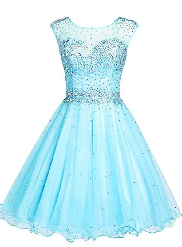 Blue Tulle Backless Beading Crystal Short Homecoming Party Dress Tunics Bridal satin