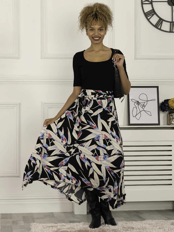 Jolie Moi Cady Maxi Skirt, Black Leafy high slit skirt