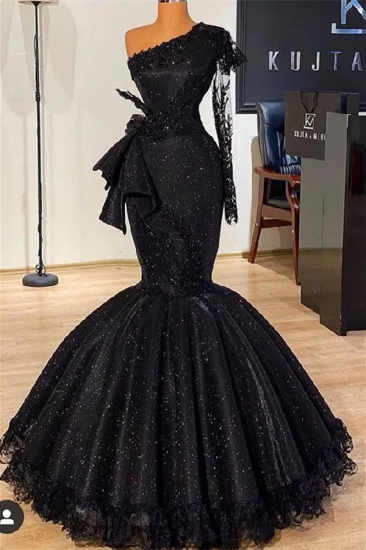 Stunning Black Glitter Mermaid Prom Dress Long Sleeves with Floral Lace Slim Party Dress Tunics Designer luxury