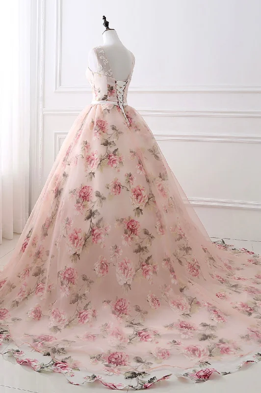 Cute Floral Long Prom Dress with Lace,  A-Line Scoop Neckline Party Dress Bodycon Fitted Nightout