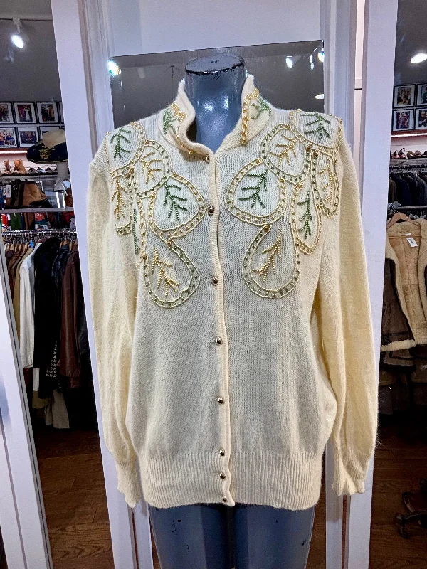 60’s Light Beige Cardigan With Beads By M. G. Vulpinari Transparent Opaque Sheer
