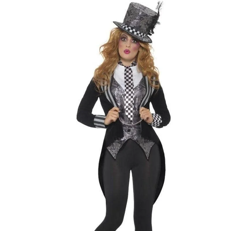 Dark Miss Hatter Costume Adult Black Deluxe Jacket Waistcoat Hat Bowtie One-Shoulder Jacket Off-the-Shoulder Jacket Asymmetrical Jacket