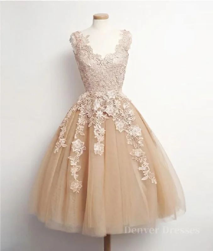 Retro Champagne V-neck Applique Short Prom Dress, Lace Evening Dresses, Party Dresses Tunics Versatile functional