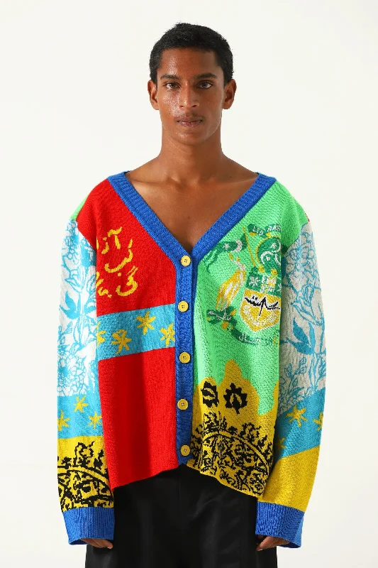 "AM I FREE" KNIT ABSTRACT CARDIGAN Ribbed Striped Patterned