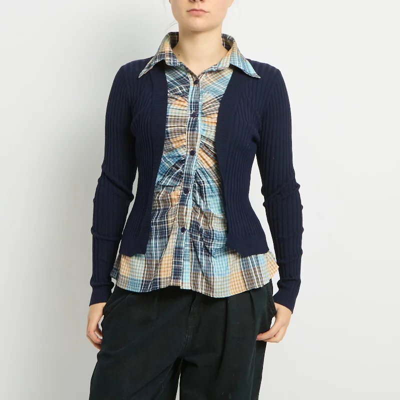 Shirt Cardigan Two In One Top - UK 6 Houndstooth Herringbone Solid