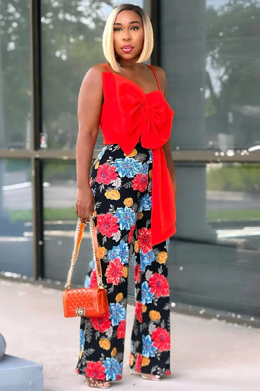 Carmen Floral Flare Leg Pants Red/Blue Casual Sweatpants Style