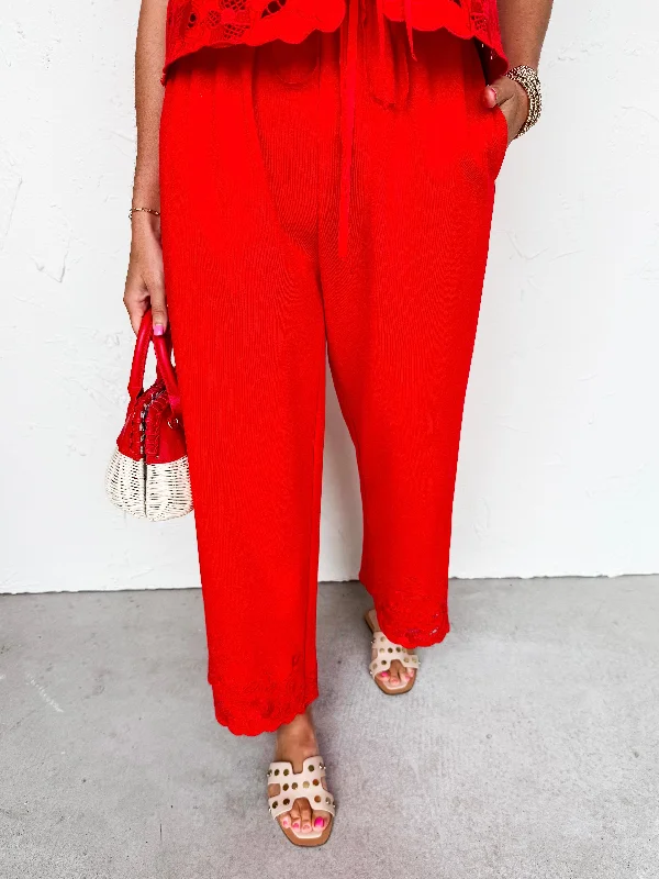 Piper Embroidered Knit Pants-Red Comfortable Jogging Pants