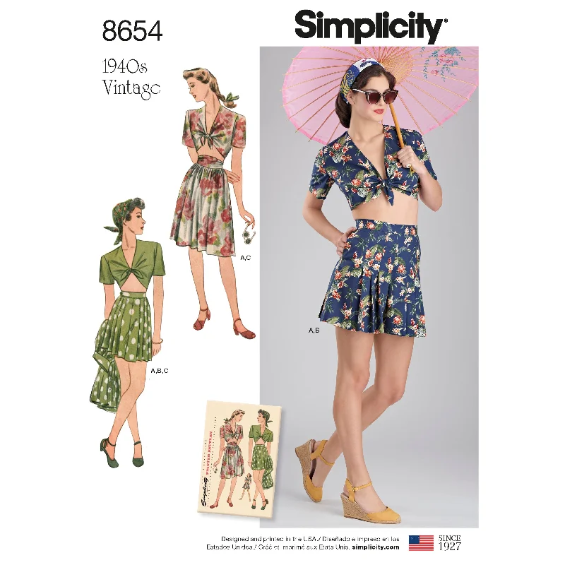 Simplicity Pattern 8654 Women’s Vintage Skirt, Shorts and Tie Top silk skirt elegant