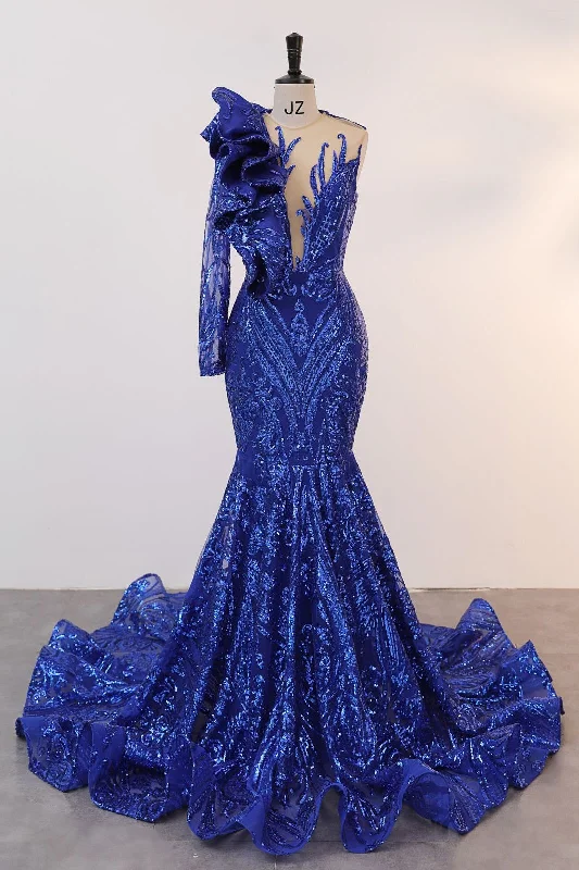 Royal Blue Mermaid One Sleeve Prom Dresses Sequined Lace Jewel Ruffles Evening Party Dress with Appliques Tunics Bridal satin