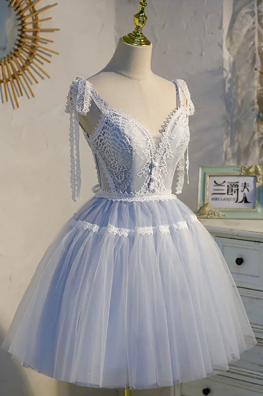 Blue Lace Short A-Line Prom Dress, Cute Spaghetti Strap Party Dress Tunics Bestseller popular