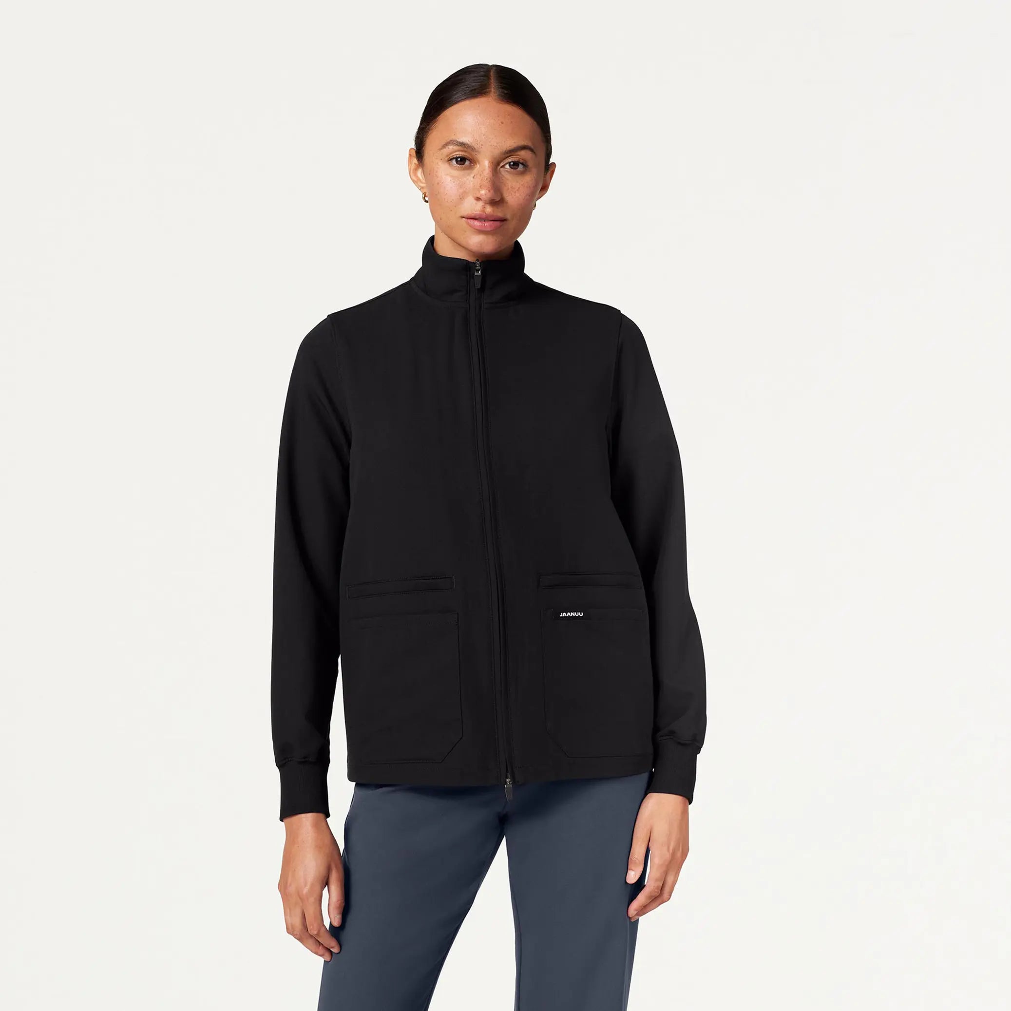 Jaanuu Women's Ceri Essential 6-Pocket Scrub Jacket - Black Denim Fabric Leather Fabric Suede Fabric