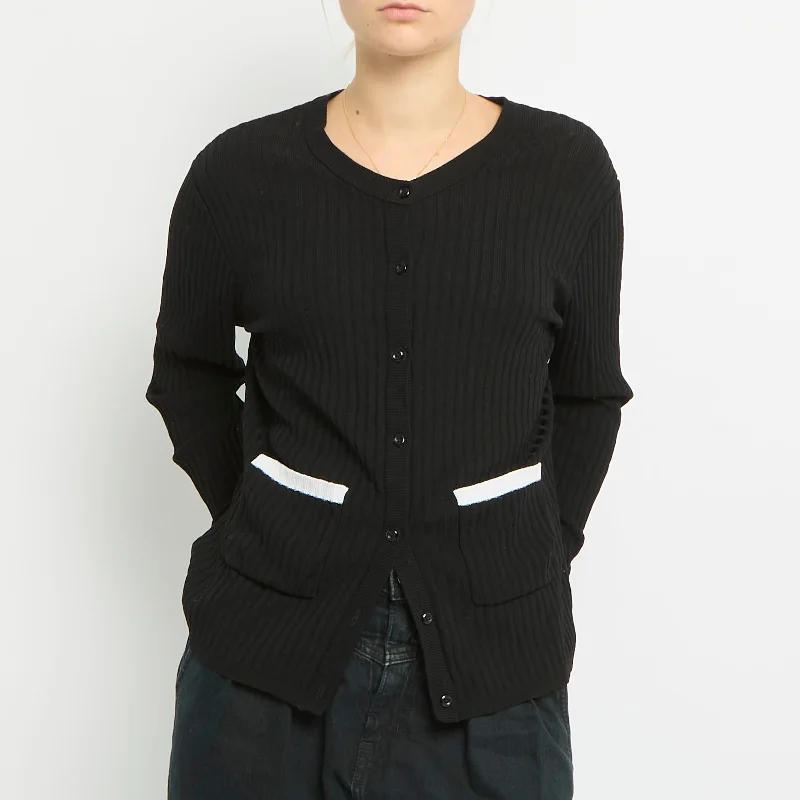 Ribbed Stripe Pocket Knitted Cardigan- UK 14 Crew Neck V-Neck Turtle Neck