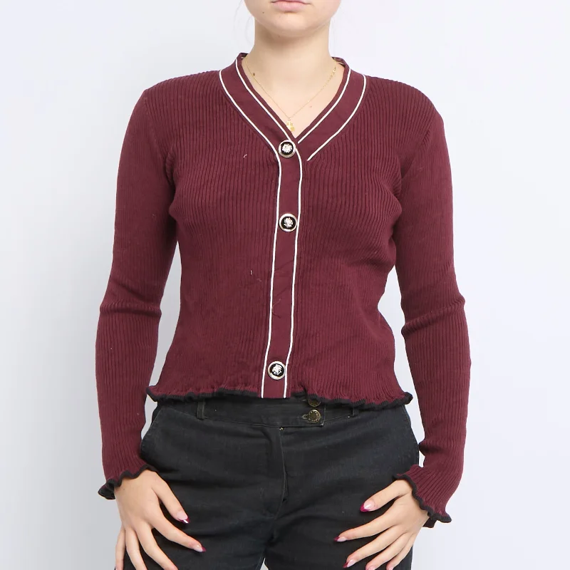 Button Detail V-Neck Cardigan - UK 6 Chenille Brocade Lace