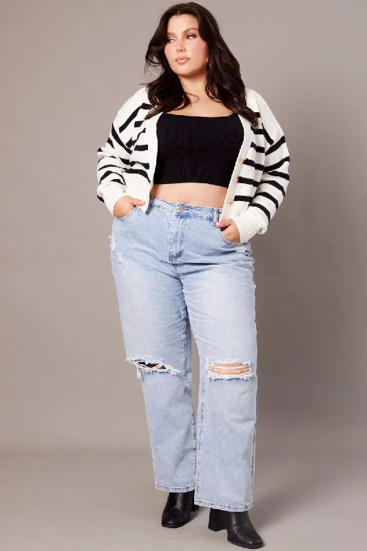 White Stripe Knit Cardigan Long Sleeve V-neck Oversized Fit Rayon Fabric Velvet Fabric Corduroy Fabric