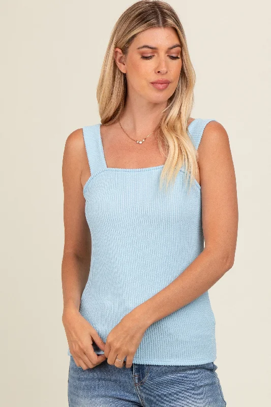 Light Blue Ribbed Square Neck Tank Top basic tank top