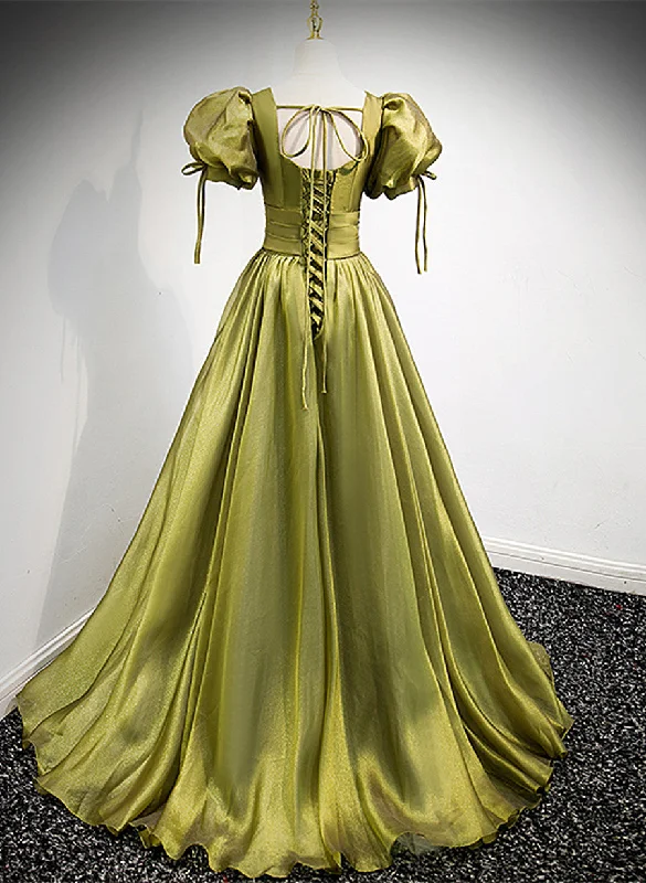 Light Green Short Sleeves Long A-line Prom Dress, Green Lace-up Party Dress Tunics Floral girly