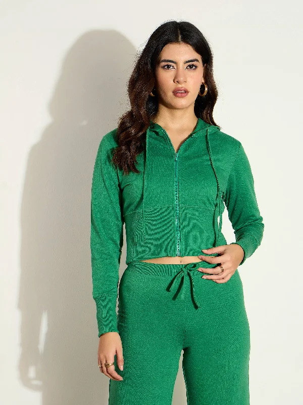 Women Green Terry Front Zipper Crop Jacket Herringbone Jacket Checkered Jacket Solid Jacket