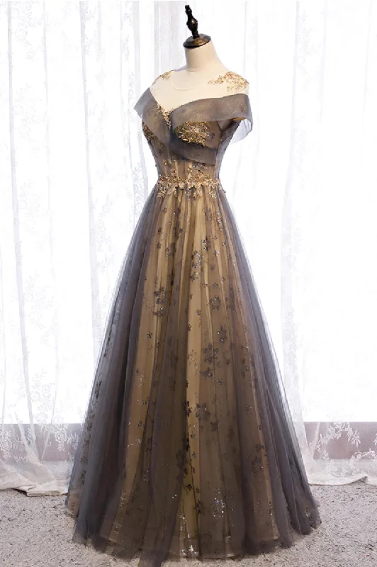 Grey A-line Tulle and Lace Long Prom Dress, Round Neckline Party Dress Tunics Fleece cozy