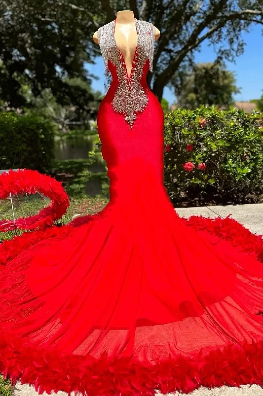 Deep V-neck Mermaid Ruby Feather Silver Beaded Prom Party Dresses Tunics Fashionable trendy