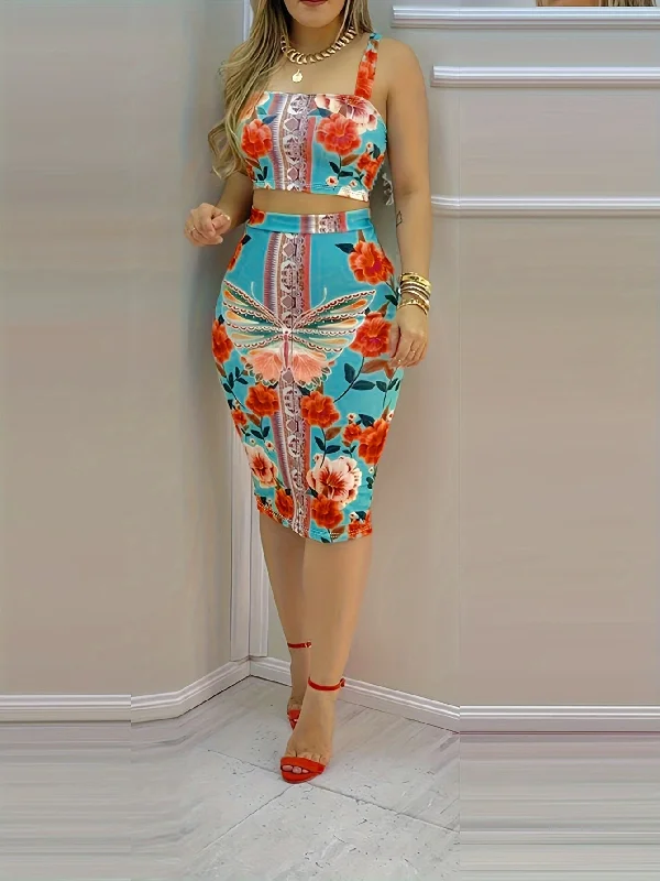 Floral Print Elegant Skirt Suit – Chic Formal & Office Wear silk skirt elegant