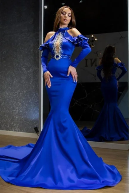Stunning Halter Royal Blue Evening Party Dress Satin Mermaid Prom Dress Tunics Custom made