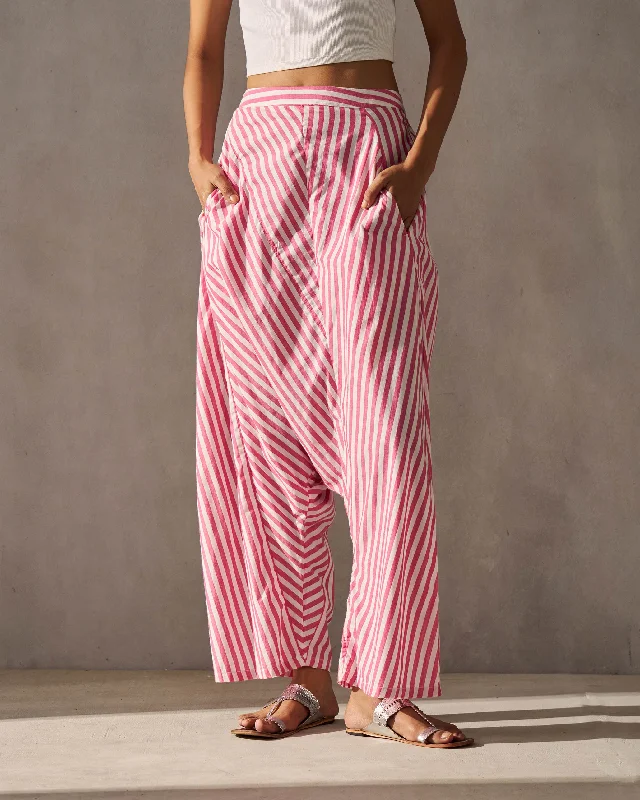 Souk Drop Crotch Pants - Fuchsia & Ivory Lightweight Linen Pants