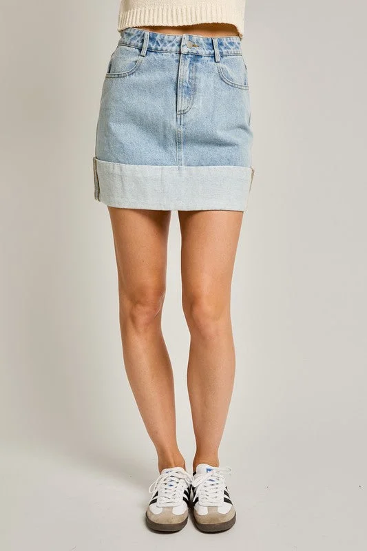 High Waisted Cuffed Denim Mini Skirt leather skirt sleek